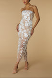 FJØRNA Willow strapless midi dress in ivory with floral 3D lace, featuring a fitted bodice and flowing skirt.