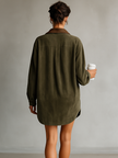 FJØRNA suede mini dress for women, stylish and fitted, shown in a close-up image highlighting the soft suede fabric and sleek design.