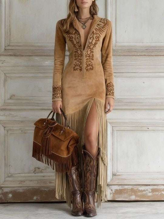 FJØRNA embroidered fringe midi dress with deep V neck, long sleeves, and detailed fringe accents, perfect for summer occasions.