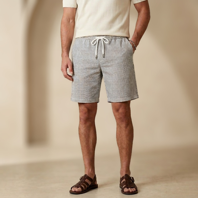 Men's striped drawstring relaxed summer shorts by FJØRNA, featuring a casual fit and breathable fabric for warm weather.