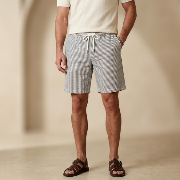 Men's striped drawstring relaxed summer shorts by FJØRNA, featuring a casual fit and breathable fabric for warm weather.