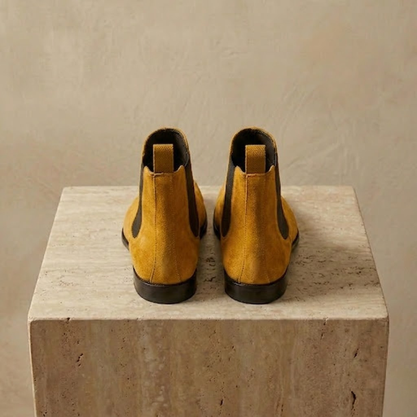 Tan suede Chelsea boots for men by FJØRNA, classic ankle-length shoes with a comfortable fit and stylish design.