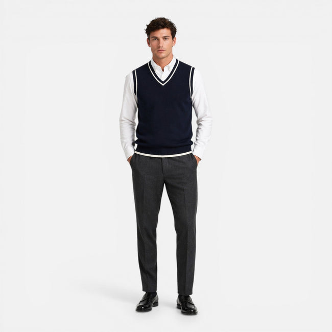 Men's wool sweater vest with V-neck and cable knit design, casual business style, by FJØRNA.