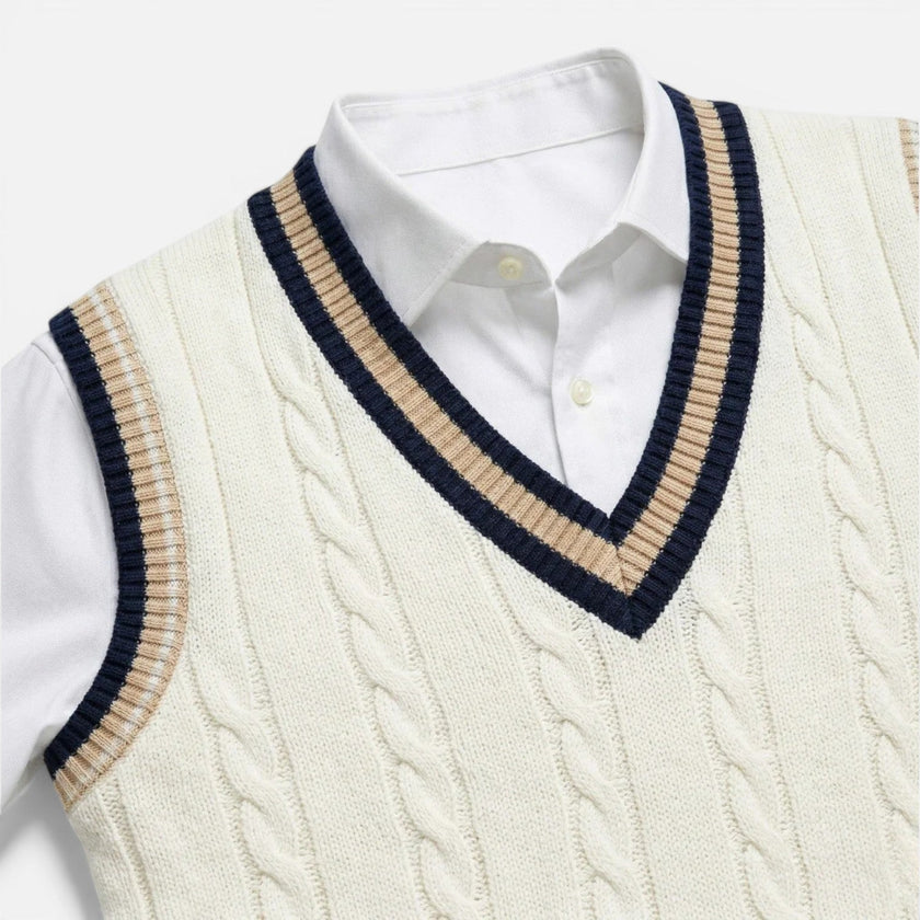 Men's wool sweater vest with V-neck and cable knit design, FJØRNA business casual men's shirt for layered style.