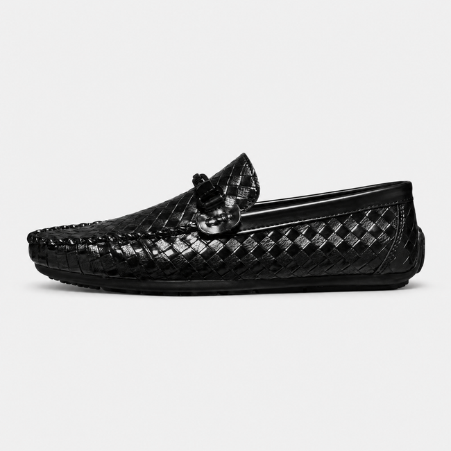 Men's woven leather slip-on driving loafers by FJØRNA shown in side profile, featuring a sleek design and comfortable fit.