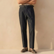 Men's high waist blue cotton straight-leg chinos by FJØRNA, slim fit casual pants for men, shown in a clean, stylish design.