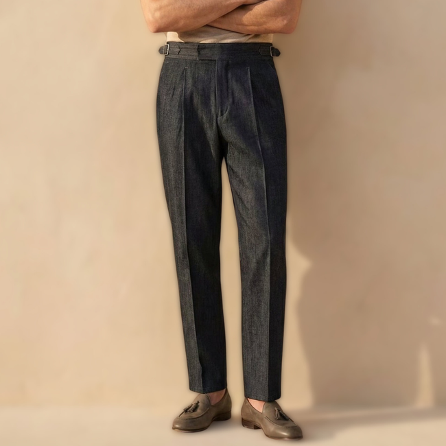 Men's high waist blue cotton straight-leg chinos by FJØRNA, slim fit casual pants for men, shown in a clean, stylish design.
