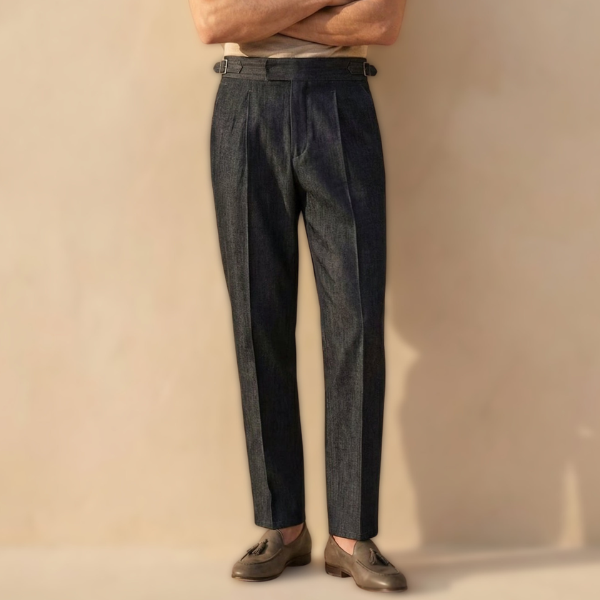 Men's high waist blue cotton straight-leg chinos by FJØRNA, slim fit casual pants for men, shown in a clean, stylish design.