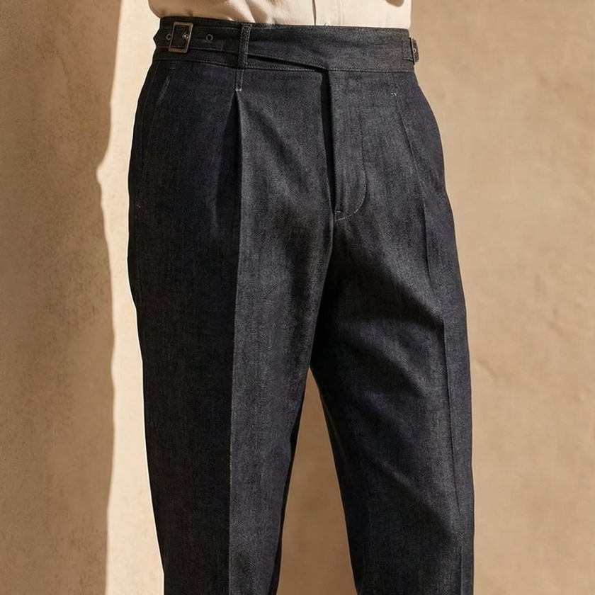 Men's high waist casual blue cotton straight-leg trousers by FJØRNA, slim fit chinos for a modern, stylish look.