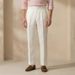 Men's high waist linen pleated tailored trousers by FJØRNA, featuring straight-leg design and elegant pleats for a sophisticated look.