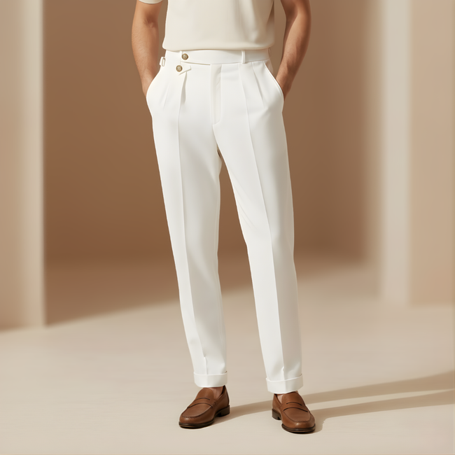 Men's high-waist straight-leg linen look trousers by FJØRNA, tailored men's pants with a sleek, modern fit.