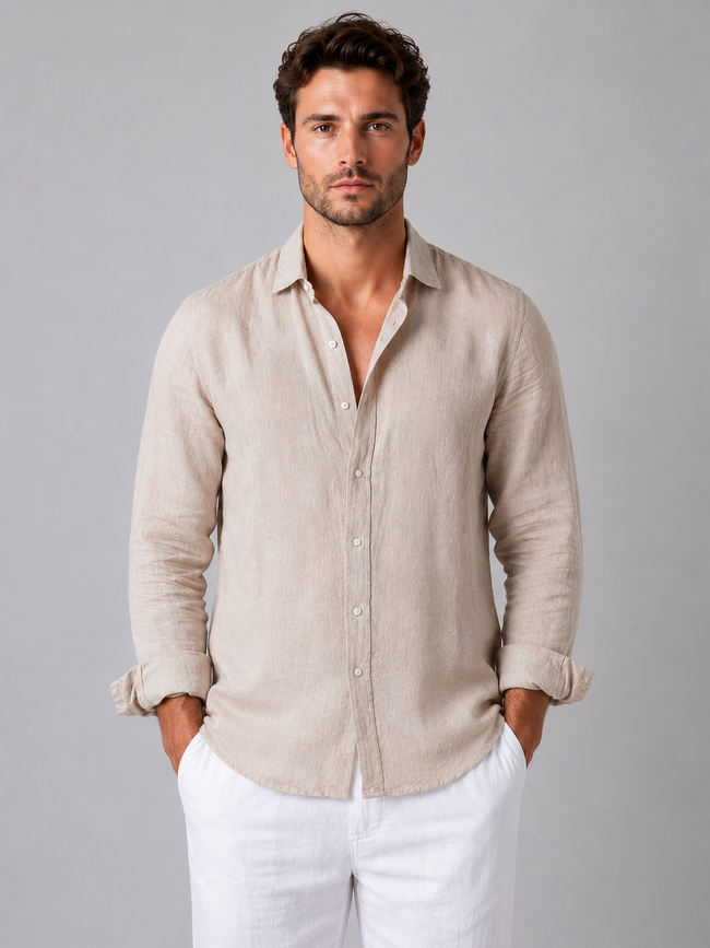 Men's FJØRNA linen-look long sleeve casual button-up shirt, relaxed summer style, shown in light fabric and classic fit.