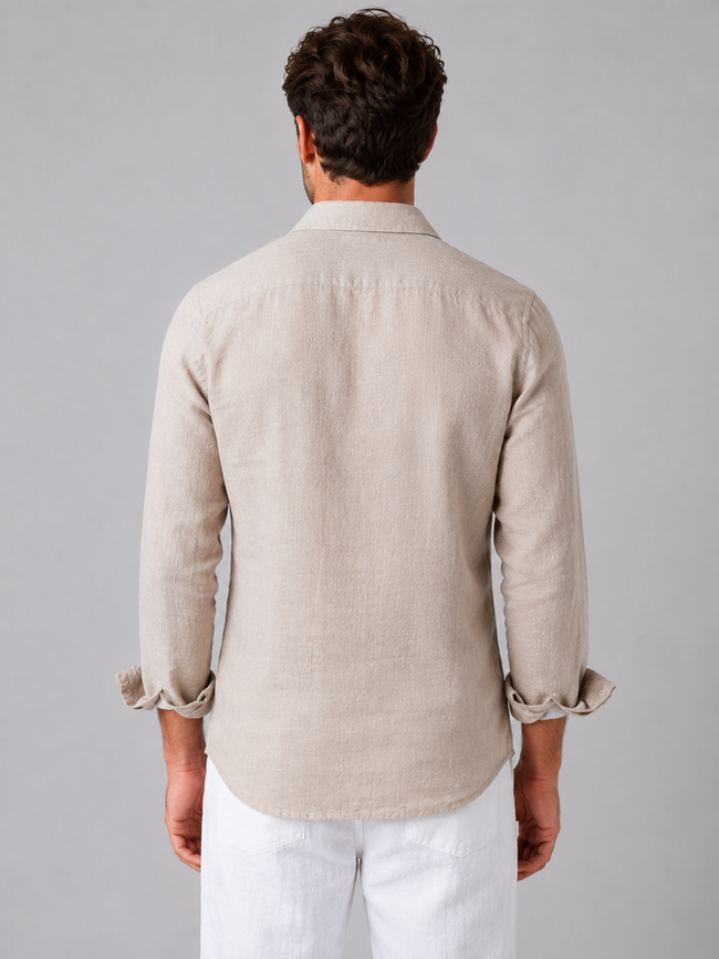 Men's FJØRNA linen-look long sleeve casual button-up shirt, relaxed summer style, displayed on a male model.