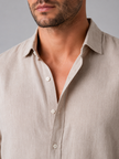 Men's FJØRNA linen-look long sleeve casual button-up shirt worn relaxed for summer style.