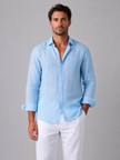 Men's linen-look long sleeve casual button-up shirt by FJØRNA, relaxed summer style, shown in a natural fit and lightweight fabric