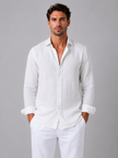 Men's FJØRNA linen-look long sleeve casual button-up shirt in relaxed summer style, shown on a male model.