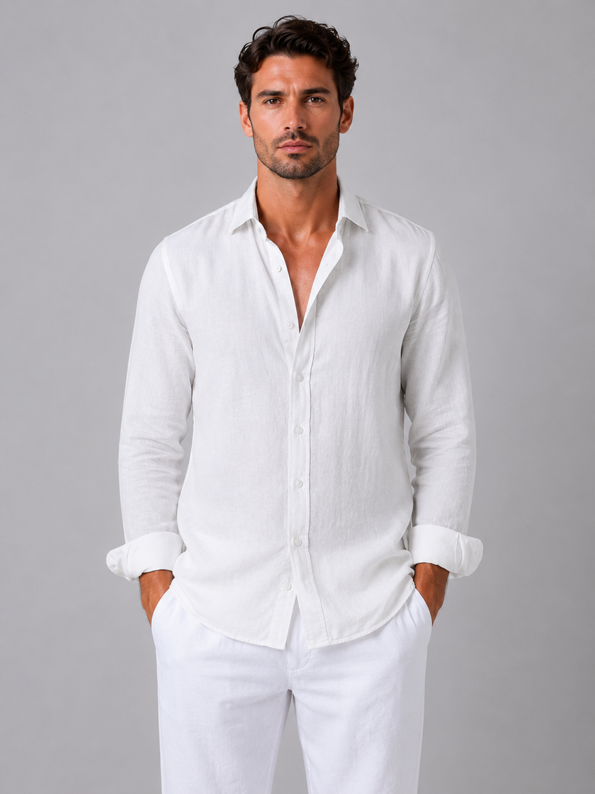 Men's FJØRNA linen-look long sleeve casual button-up shirt in relaxed summer style, shown on a male model.