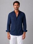 Men's linen-look casual button-up shirt by FJØRNA, relaxed fit, perfect for summer, shown on a male model.