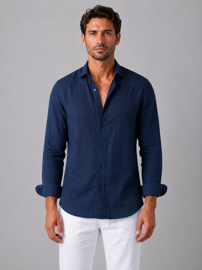 Men's linen-look casual button-up shirt by FJØRNA, relaxed fit, perfect for summer, shown on a male model.