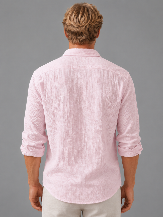 Men's linen-look textured button-up shirt in relaxed summer fit by FJØRNA, shown in a casual front view.