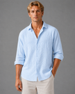 Men's textured linen-look button-up shirt in relaxed summer fit by FJØRNA, featuring a casual, breathable design perfect for warm weather.
