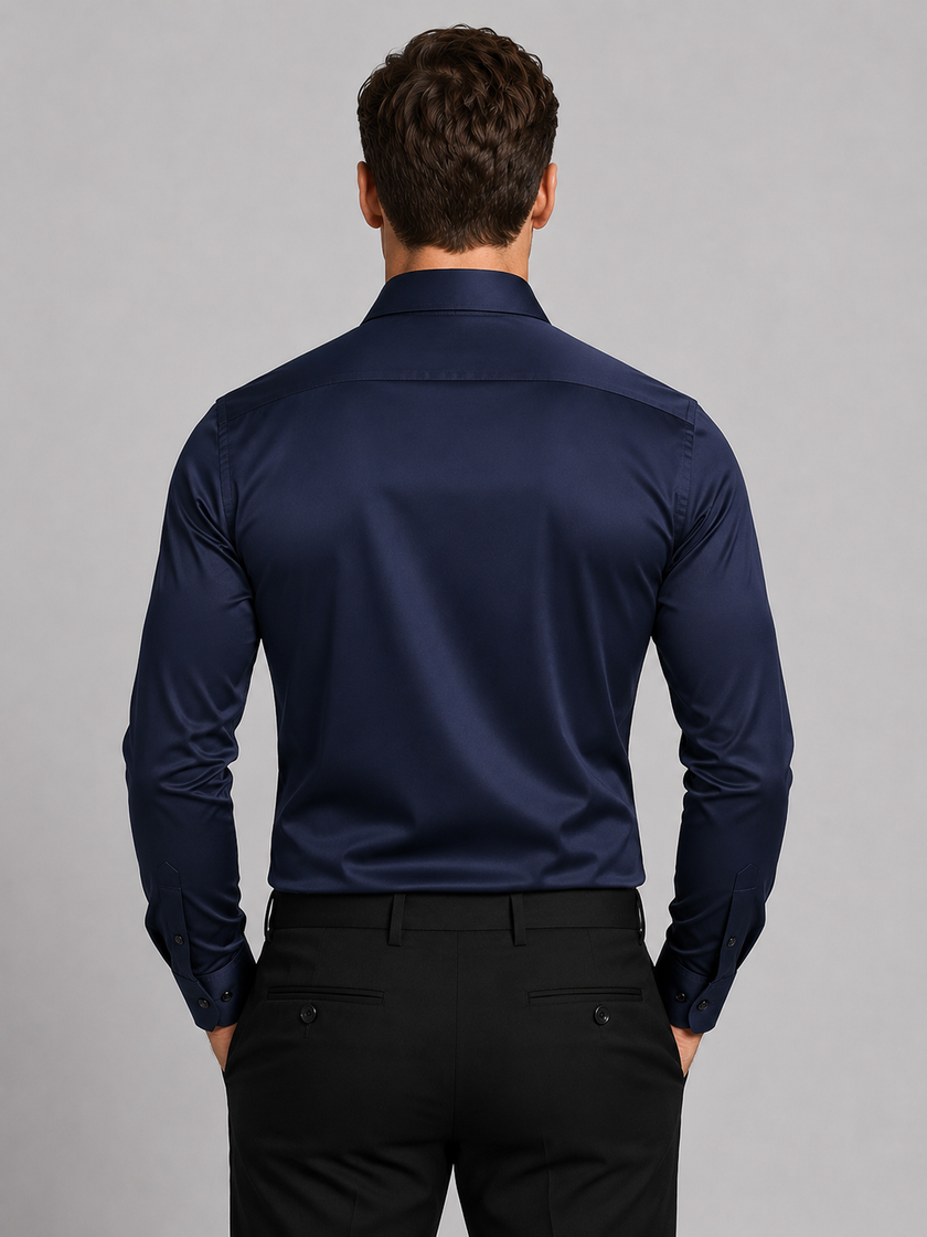 Men's slim fit stretch dress shirt by FJØRNA, satin-feel fabric, tailored business casual style, suitable for smart occasions.