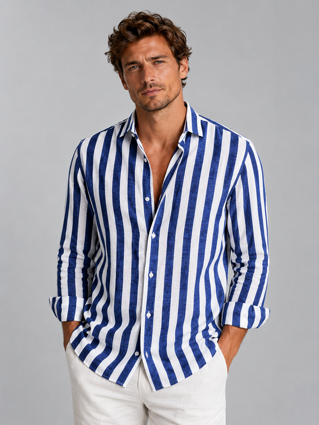 Men's striped linen-look shirt by FJØRNA, relaxed summer button-up style, featuring lightweight fabric and casual fit.