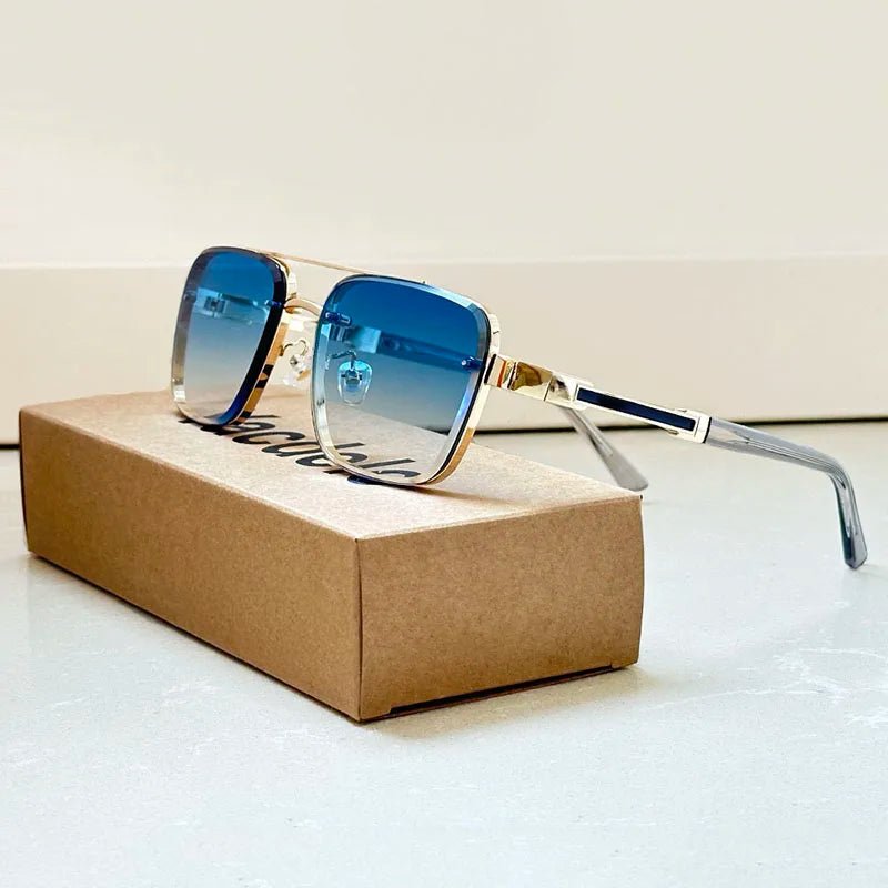Men's square FJØRNA sunglasses with dual top bar and gradient lenses, showcasing a sleek and modern eyewear design.