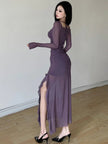 FJØRNA mesh split women's midi dress featuring a stylish design, perfect for day-to-night wear with elegant details.