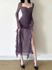 FJØRNA Mesh Split Women's Midi Dress showcasing a stylish mesh fabric and elegant slit, perfect for day to night wear.