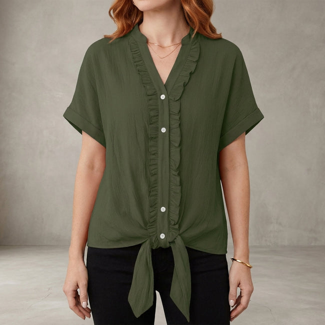 Military green V-neck denim blouse for women with ruffle details, casual summer top by FJØRNA.