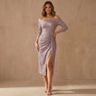 Model wearing FJØRNA elegant off-shoulder midi bodycon knit dress, showcasing a fitted, stylish women's dress.
