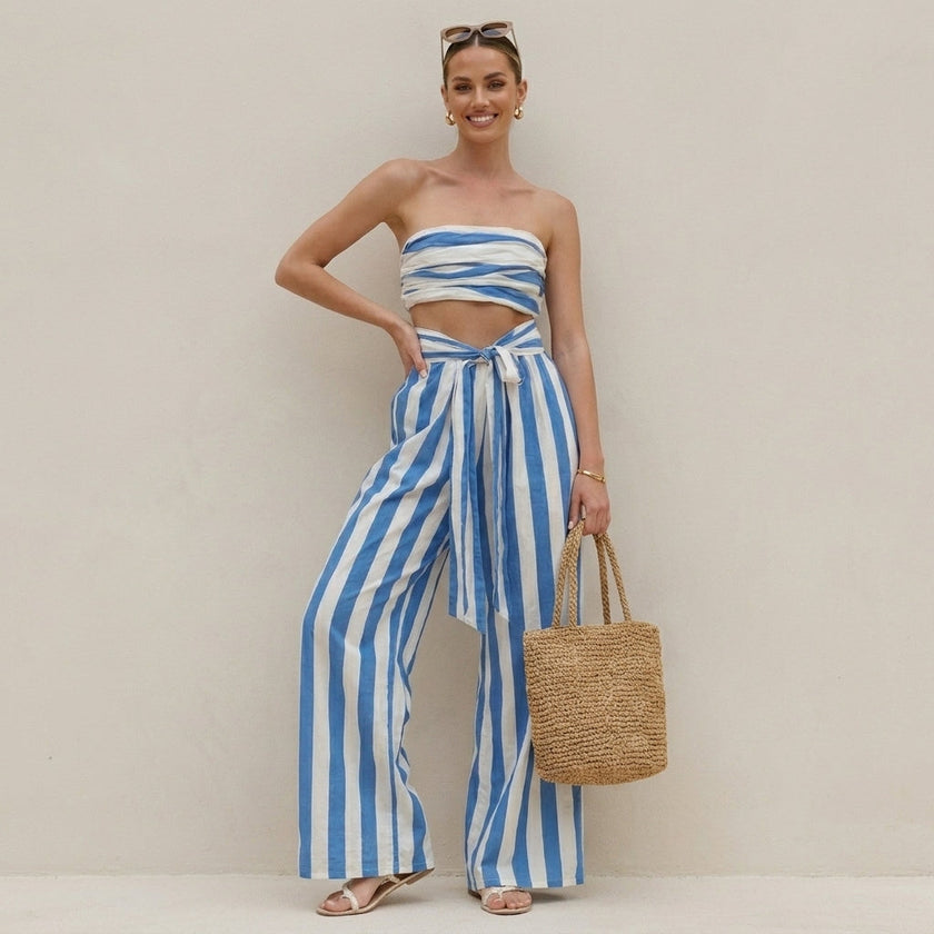 FJØRNA elegant two-piece women's co-ord set with striped pattern and ruched details, worn by a model.