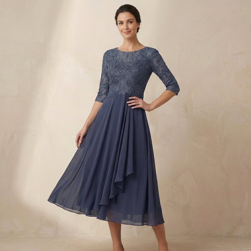 Model wearing FJØRNA elegant midi bodycon chiffon dress, showcasing a sophisticated women's dress with a fitted silhouette.
