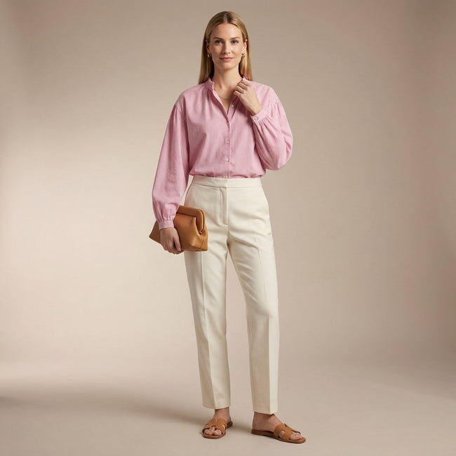 FJØRNA women's summer blouse with striped cotton fabric, worn by a model, stylish and lightweight top for warm weather.