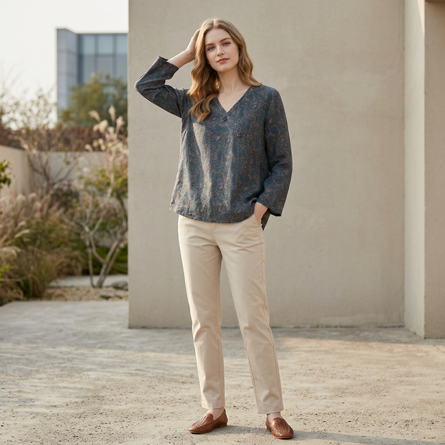 FJØRNA women's summer blouse with a V-neck and slit, featuring lightweight linen fabric and a relaxed fit on a model.
