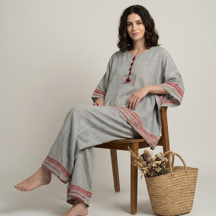 FJØRNA summer two-piece women's co-ord set featuring a matching top and wide-leg pants worn by a model.