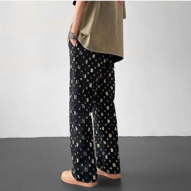 FJØRNA men's straight-fit white trousers displayed on a hanger, showcasing slim, tailored design and clean fabric details.