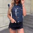 Sleeveless Denim Vest Women Chest Pockets Straight Fit