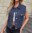 Sleeveless Denim Vest Women Chest Pockets Straight Fit