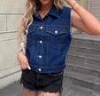 Sleeveless Denim Vest Women Chest Pockets Straight Fit
