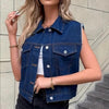 Sleeveless Denim Vest Women Chest Pockets Straight Fit