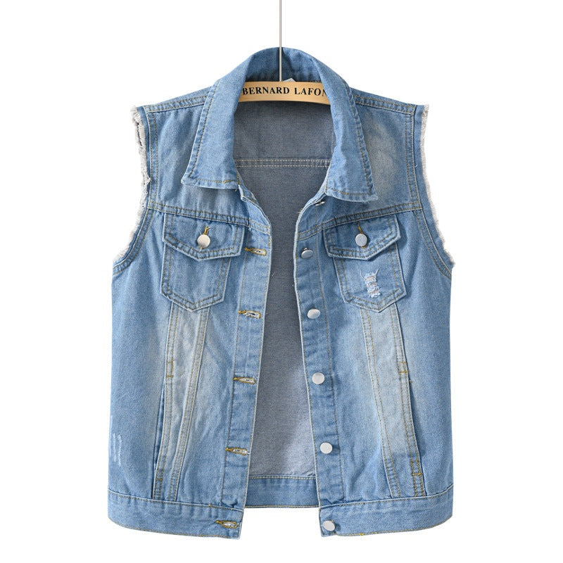 Sleeveless Denim Vest Women Chest Pockets Straight Fit