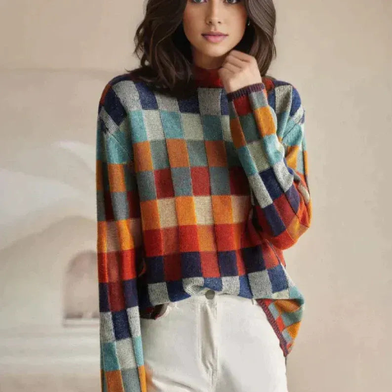 Argyle Knit Sweater Women, Multicolour Check Relaxed Fit