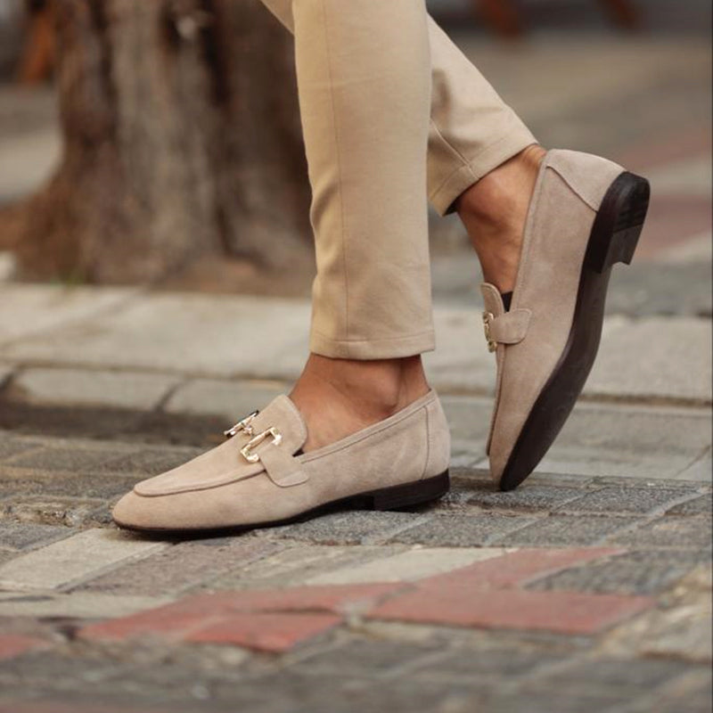 FJØRNA men's suede horsebit loafers with almond toe, beige color, detailed horsebit ornament, casual slip-on style.