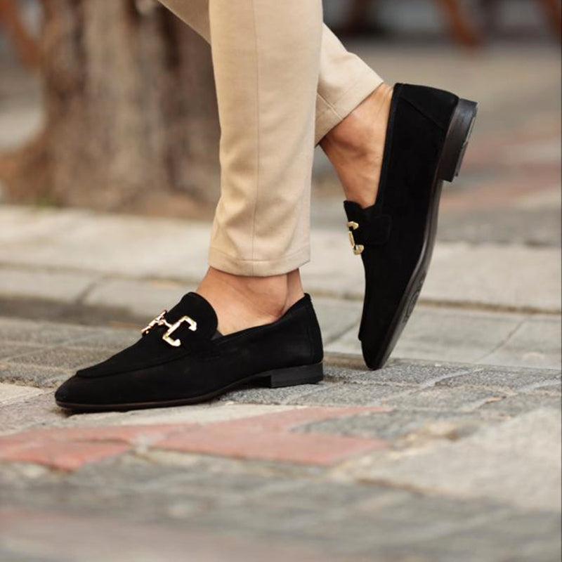 FJØRNA men's suede horsebit loafers with almond toe, beige color, detailed view of the stylish slip-on shoes.