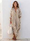 FJØRNA women's striped long sleeve midi dress with casual style, featuring a relaxed fit and feminine design.