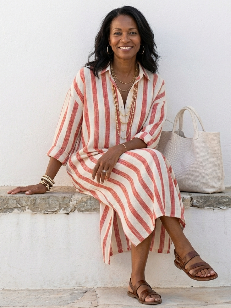 FJØRNA women's striped long sleeve midi dress, casual summer dress with a relaxed fit and stylish design.