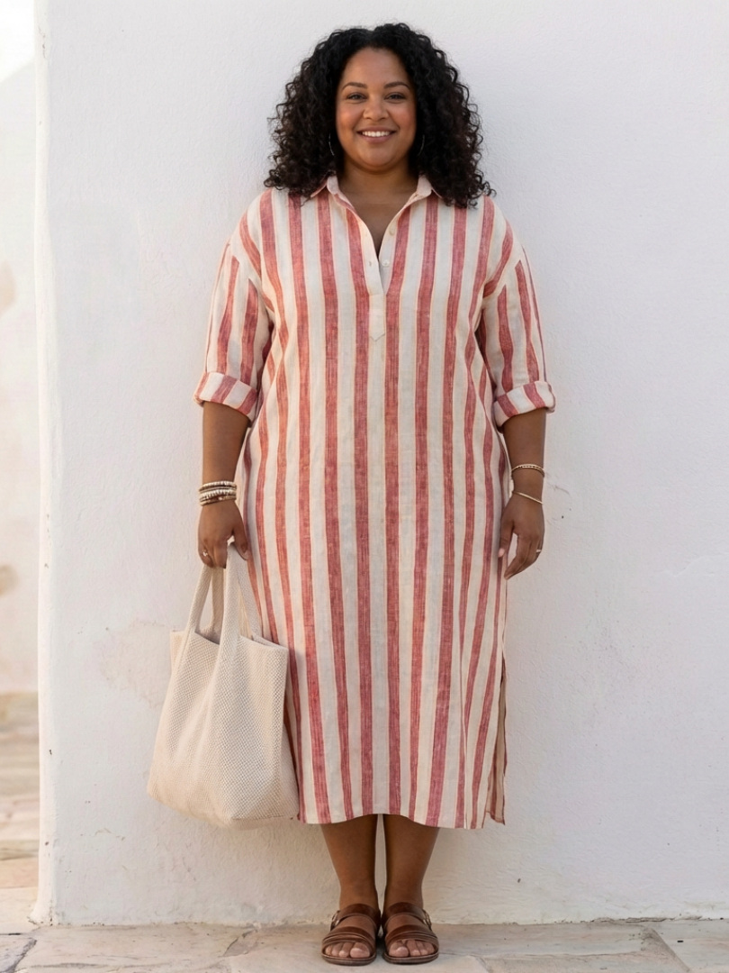 FJØRNA women's summer midi dress with long sleeves, striped pattern, casual style, perfect for warm weather occasions.