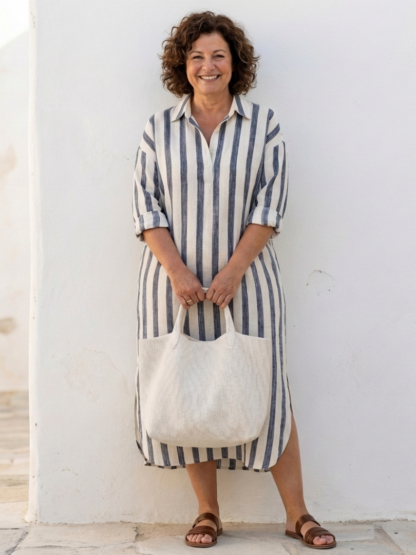 FJØRNA women's striped long sleeve midi dress with a casual fit, featuring a classic shirt dress style and button-front design.